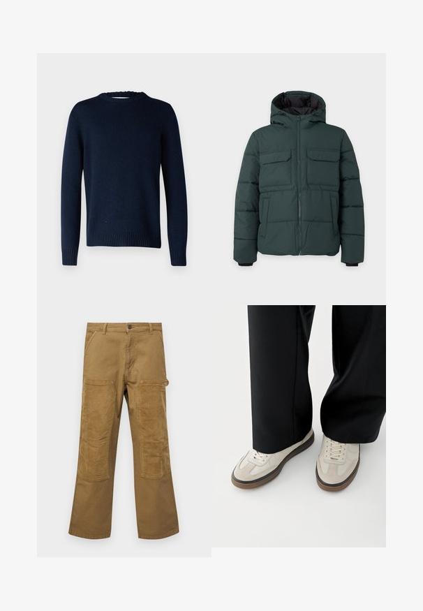 Tume roheline kapuutsiga polsterdatud jakk, ees lukuga, kaks kinnitusklapiga rindtaskut ja kaks küljetaskut ühevärvilisel heledal taustal.; Selected SLMCODY LS KNIT CREW NECK NOOS - Džemper - sky captain; Prantsud, mis on valmistatud pruuni puuvillast, kontrastsete ribatud kangast plaastritega, sirge lõikega, viie tasku ja nööbiga sulgemine.; Jalad, mis kannavad beeži värvi tossusid pruunide talladega ja mustasid laiade säärega pükse valgel taustal.