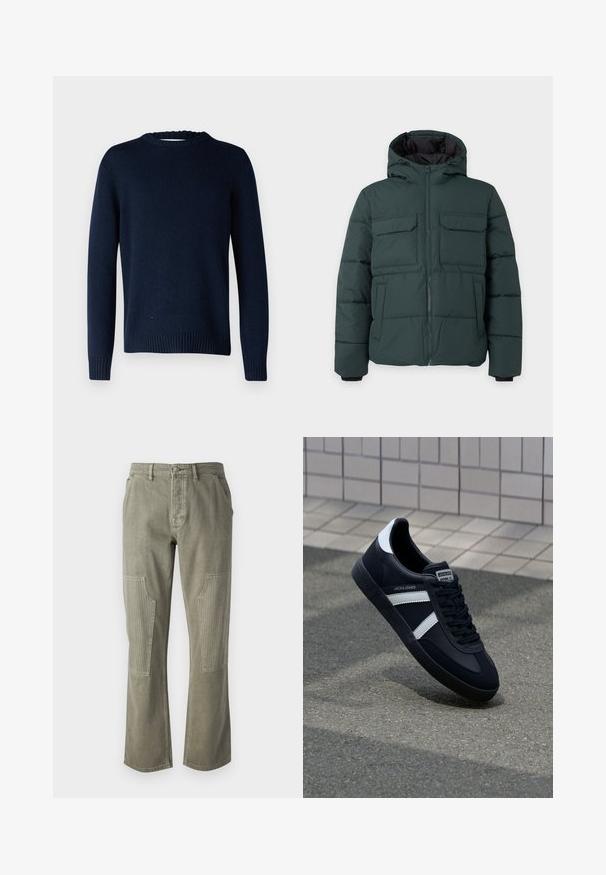 Donkergroene gewatteerde jas met capuchon, ritssluiting aan de voorkant, twee klepzakken op de borst en twee zijzakken op een effen lichte achtergrond.; Selected SLMCODY LS KNIT CREW NECK NOOS - Trui - sky captain; Olijfgroene broek van katoen met een recht model, voorzien van ribbelaccenten op de buidelzakken en contrasterende stiksels.; Zwarte leren sneaker met witte strepen, een gestructureerde rubberen zool en vetersluiting aan de voorkant. Voorzien van een merklabel op de tong.