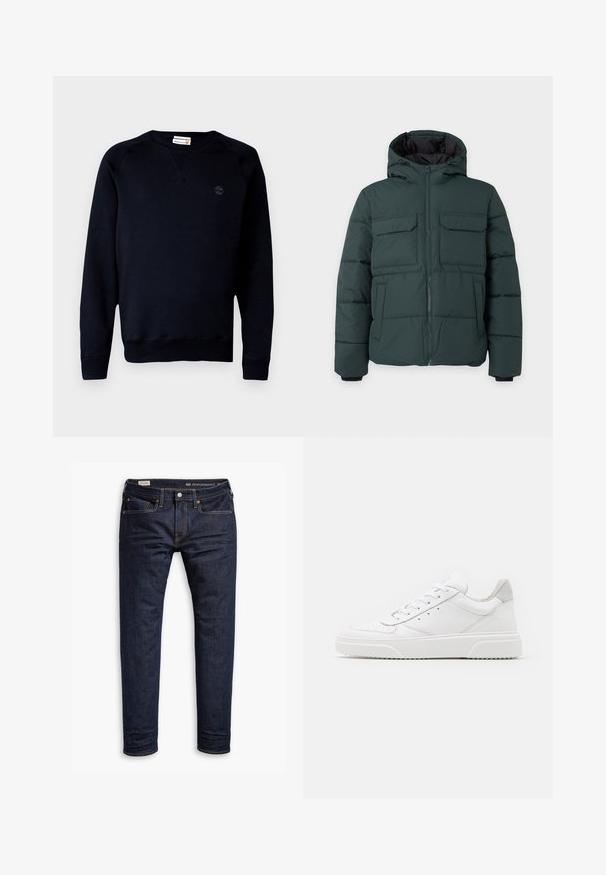 Mørkegrøn polstret jakke med hætte, frontlynlås, to klaplommer på brystet og to sidelommer på en ensfarvet lys baggrund.; Sort sweatshirt lavet af en blanding af bomuld, med rund halsudskæring, lange ærmer, ribbede manchetter og et lille logo på brystet.; Mørkeblå denimjeans med slim fit, med orange syninger, fem-lomme design og metalhardware. Glat tekstur, ingen mønstre.; Hvide lædersneakers med en glat finish, rund tå, flade snørebånd og en struktureret sål. Grå ruskindsdetalje ved hælen.