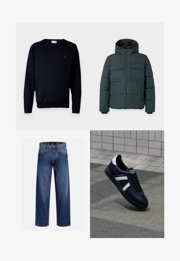 Mørkegrøn polstret jakke med hætte, frontlynlås, to klaplommer på brystet og to sidelommer på en ensfarvet lys baggrund.; Sort sweatshirt lavet af en blanding af bomuld, med rund halsudskæring, lange ærmer, ribbede manchetter og et lille logo på brystet.; Denimjeans med vide ben i mørkeblå, med lynlås, fem lommer og kontrastsyede detaljer for ekstra tekstur og udtryk.; Sort lædersneaker med hvide striber, tekstureret gummisål og snørrebånd foran. Har et brandet mærke på tungen.