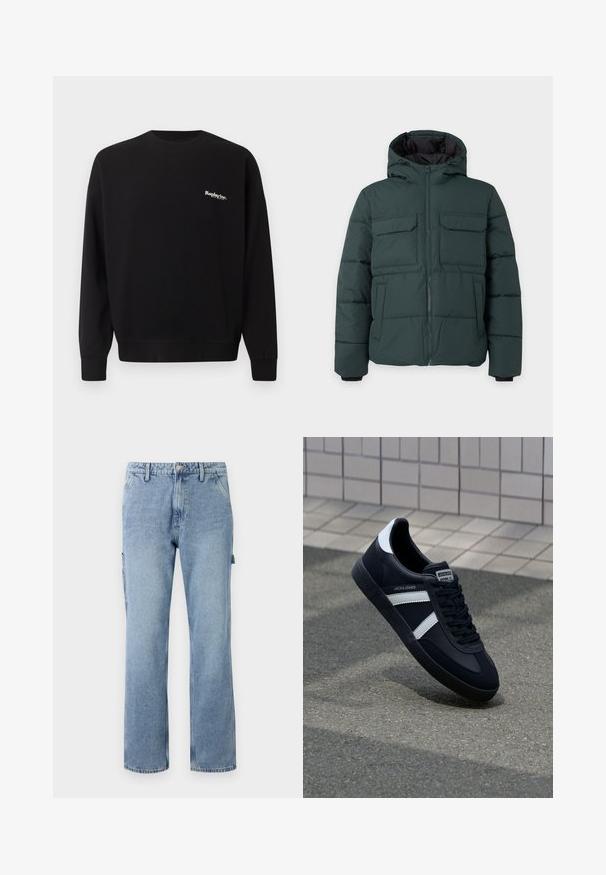 Dunkelgrüne gesteppte Jacke mit Kapuze, Frontreißverschluss, zwei Klappbrusttaschen und zwei Seitentaschen auf einfarbig hellem Hintergrund.; Replay Inc. Sweatshirt - black; Hellblaue Denim-Cargo-Hosen mit geraden Beinen, fünf Taschen und einem Knopfverschluss. Mit Seitentaschen und einem lässigen, lockeren Schnitt ausgestattet.; Schwarze Leder-Sneaker mit weißen Streifen, strukturiertem Gummisohle und Schnürung. Verfügt über ein Markenetikett auf der Zunge.