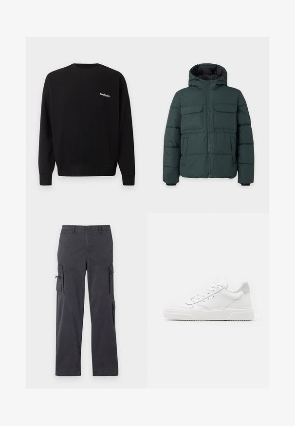 Donkergroene gewatteerde jas met capuchon, ritssluiting aan de voorkant, twee klepzakken op de borst en twee zijzakken op een effen lichte achtergrond.; Replay Inc. Sweater - black; Donkergrijze cargobroek met een recht model, gemaakt van duurzame katoenmix, voorzien van zijzakken en verstelbare koordjes.; Witte leren sneakers met een gladde afwerking, ronde neus, platte veters en een gestructureerde zool. Grijze suède accent bij de hiel.