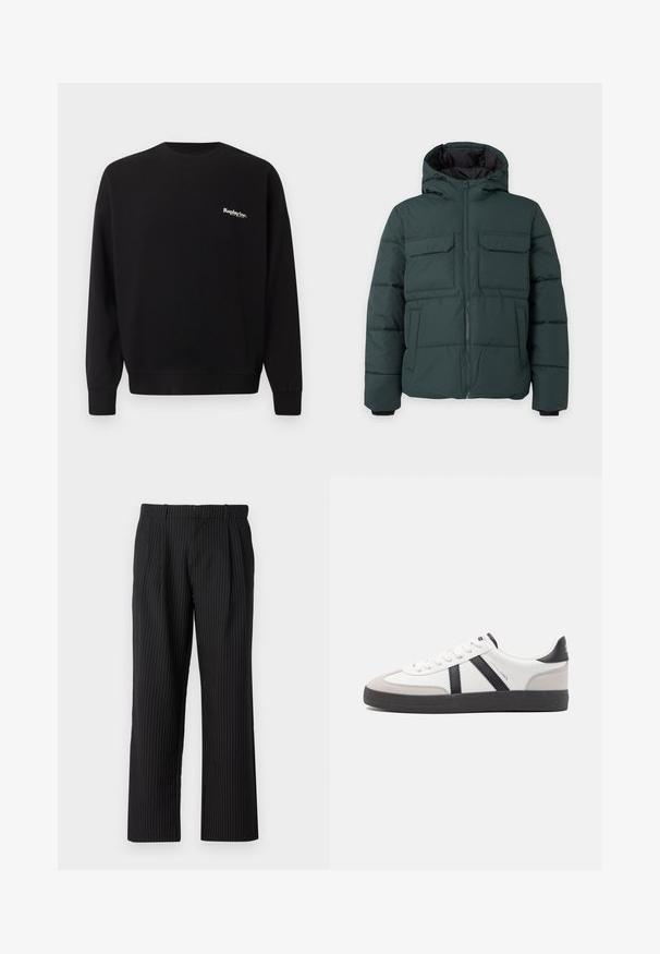 Chaqueta acolchada de color verde oscuro con capucha, cremallera frontal, dos bolsillos de solapa en el pecho y dos bolsillos laterales sobre un fondo liso y claro.; Replay Inc. Sudadera - black; Jack & Jones Classic Wide Leg Fit - Pantalones - black; Zapatilla blanca con acentos en negro y gris, que presenta una puntera texturizada en gris, suela de goma negra y cordones planos blancos. Diseño limpio, estilo minimalista.
