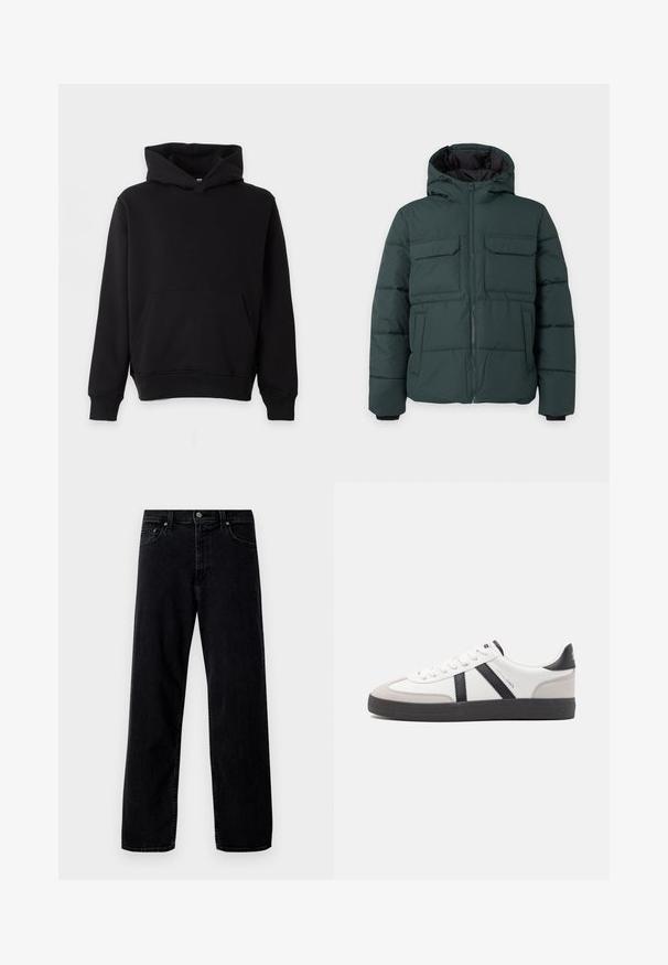 Dunkelgrüne gesteppte Jacke mit Kapuze, Frontreißverschluss, zwei Klappbrusttaschen und zwei Seitentaschen auf einfarbig hellem Hintergrund.; Schwarzes Kapuzen-Sweatshirt mit Kängurutasche, langen Ärmeln und gerippten Bündchen sowie Saum, vor hellem Hintergrund präsentiert.; Hollister Co. Baggy Jeans - washed black; Weiße Sneaker mit schwarz- und grau-aczenten, ausgestattet mit einer strukturierten grauen Zehenkappe, schwarzer Gummi-Sohle und flachen weißen Schnürsenkeln. Sauberes Design, minimalistische Stil.