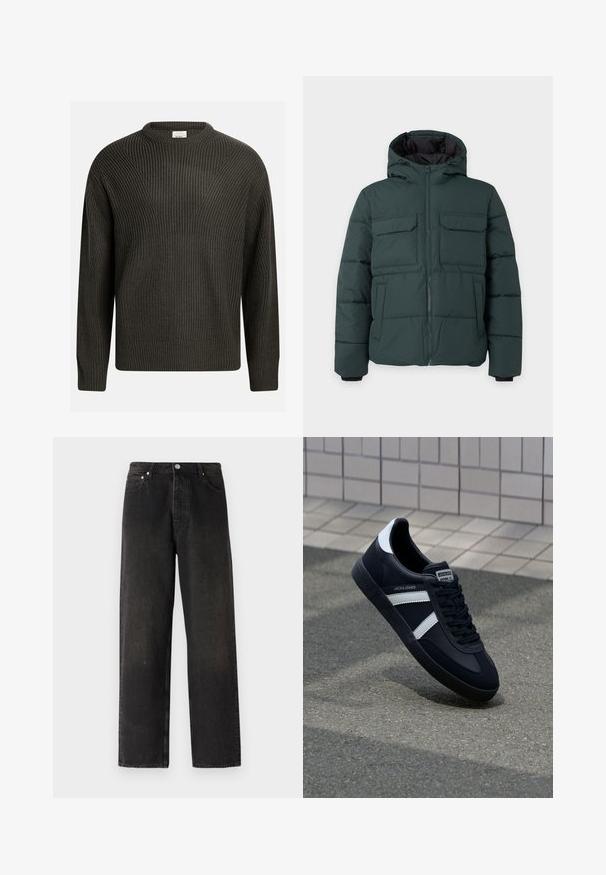 Mørkegrøn polstret jakke med hætte, frontlynlås, to klaplommer på brystet og to sidelommer på en ensfarvet lys baggrund.; Mørkegrøn, tykk strikket sweater med rund halsudskæring, sænkede skuldre og struktureret mønster hele vejen rundt. Ribbet manchetter og kant.; Sorte denim jeans med lige ben, der har en fem-lomme stil, messingknap og subtile teksturvariationer på stoffet.; Sort lædersneaker med hvide striber, tekstureret gummisål og snørrebånd foran. Har et brandet mærke på tungen.