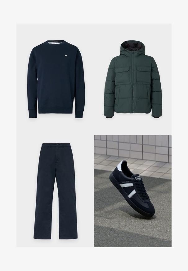 Veste matelassée vert foncé avec capuche, fermeture éclair sur le devant, deux poches poitrine à rabat et deux poches latérales sur un fond clair uni.; Sweatshirt bleu marine en tissu doux, avec un col rond, des manches longues et un petit patch de marque sur la poitrine. Texture lisse.; Pantalons en coton bleu marine à jambe droite, avec une fermeture à bouton à l'avant et des passants de ceinture. Texture simple et unie, sans motifs.; Sneaker en cuir noir avec des rayures blanches, semelle en caoutchouc texturée et devant à lacets. Présente une étiquette de marque sur la languette.