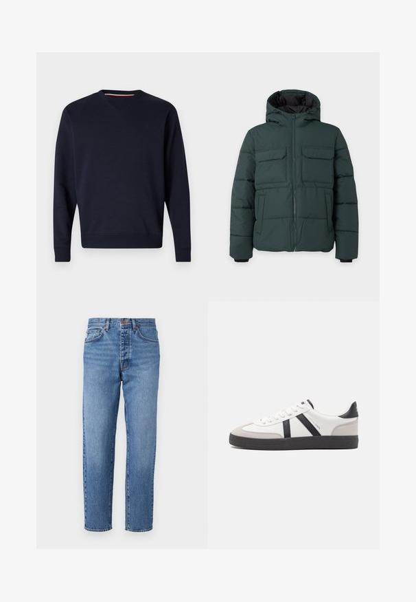 Chaqueta acolchada de color verde oscuro con capucha, cremallera frontal, dos bolsillos de solapa en el pecho y dos bolsillos laterales sobre un fondo liso y claro.; Replay ESSENTIAL R CREWNECK - Sudadera - night blue; Jeans de mezclilla azul claro con corte recto, cinco bolsillos y cierre de botón. Textura deslavada con ligeras arrugas en la parte frontal.; Zapatilla blanca con acentos en negro y gris, que presenta una puntera texturizada en gris, suela de goma negra y cordones planos blancos. Diseño limpio, estilo minimalista.