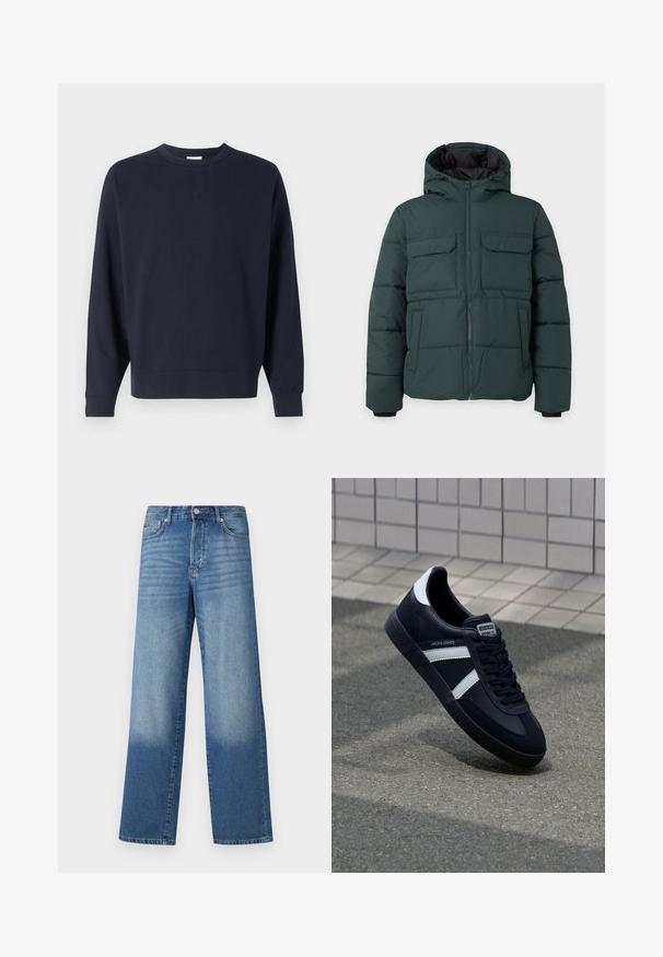 Chaqueta acolchada de color verde oscuro con capucha, cremallera frontal, dos bolsillos de solapa en el pecho y dos bolsillos laterales sobre un fondo liso y claro.; Sudadera azul marino hecha de algodón, con cuello redondo, mangas largas, puños de canalé y un diseño sencillo sin gráficos visibles.; Vaqueros de tiro alto y pierna recta en azul, con decoloración en los muslos y sombras más oscuras cerca de los dobladillos, con botón frontal y bolsillos visibles.; Zapatilla de cuero negra con rayas blancas, suela de goma texturizada y parte frontal con cordones. Cuenta con una etiqueta de marca en la lengüeta.