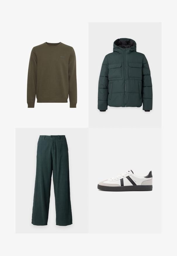 Mørkegrøn polstret jakke med hætte, frontlynlås, to klaplommer på brystet og to sidelommer på en ensfarvet lys baggrund.; Mørkegrøn crewneck sweatshirt med lange ærmer og lille "blend" logo på venstre bryst.; Grønne fløjlsbukser med bred benvidde og lige snit; har en knaplukning og to sidelommer. Struktureret, ribbet stof.; Hvide sneakers med sorte og grå detaljer, med en tekstureret grå tåhætte, sort gummisål og flade hvide snørebånd. Rent design, minimalistisk stil.