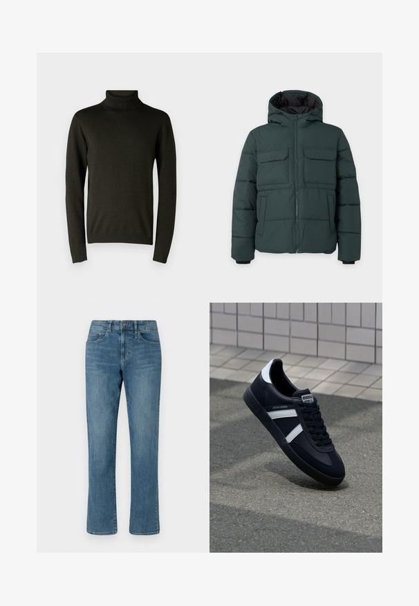 Veste matelassée vert foncé avec capuche, fermeture éclair sur le devant, deux poches poitrine à rabat et deux poches latérales sur un fond clair uni.; Pull à col roulé vert foncé en matériau tricot doux, doté de manches longues et de poignets et d'un ourlet côtelés. Texture lisse avec un minimum de détails.; Jean en denim bleu clair avec une coupe droite, une taille classique, et des coutures visibles. Dispose de cinq poches et d'une braguette zippée.; Sneaker en cuir noir avec des rayures blanches, semelle en caoutchouc texturée et devant à lacets. Présente une étiquette de marque sur la languette.