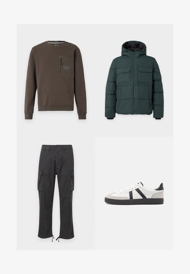 Dunkelgrüne gesteppte Jacke mit Kapuze, Frontreißverschluss, zwei Klappbrusttaschen und zwei Seitentaschen auf einfarbig hellem Hintergrund.; Brauner Sweatshirt mit rundem Hals, langen Ärmeln und einer Reißverschluss-Brusttasche. Verfügt über ein strukturiertes Patch sowie Rippabschlüsse an Saum und Ärmeln.; Schwarze Cargo-Hosen mit zwei Seitentaschen, verstellbaren Kordelzugbündchen, einem Knopfverschluss und einer glatten, strapazierfähigen Stoffoberfläche.; Weiße Sneaker mit schwarz- und grau-aczenten, ausgestattet mit einer strukturierten grauen Zehenkappe, schwarzer Gummi-Sohle und flachen weißen Schnürsenkeln. Sauberes Design, minimalistische Stil.