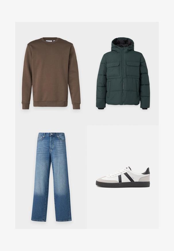Donkergroene gewatteerde jas met capuchon, ritssluiting aan de voorkant, twee klepzakken op de borst en twee zijzakken op een effen lichte achtergrond.; Only & Sons ONSCERES CREW NECK - Sweater - major brown; Blauwe high-waisted straight-leg jeans met vervagingen op de dijen en donkerdere schaduwen nabij de zoom, met zichtbare knoop en zakken aan de voorkant.; Witte sneaker met zwarte en grijze accenten, voorzien van een grijze neus met textuur, zwarte rubberen zool en platte witte veters. Schoon ontwerp, minimalistische stijl.