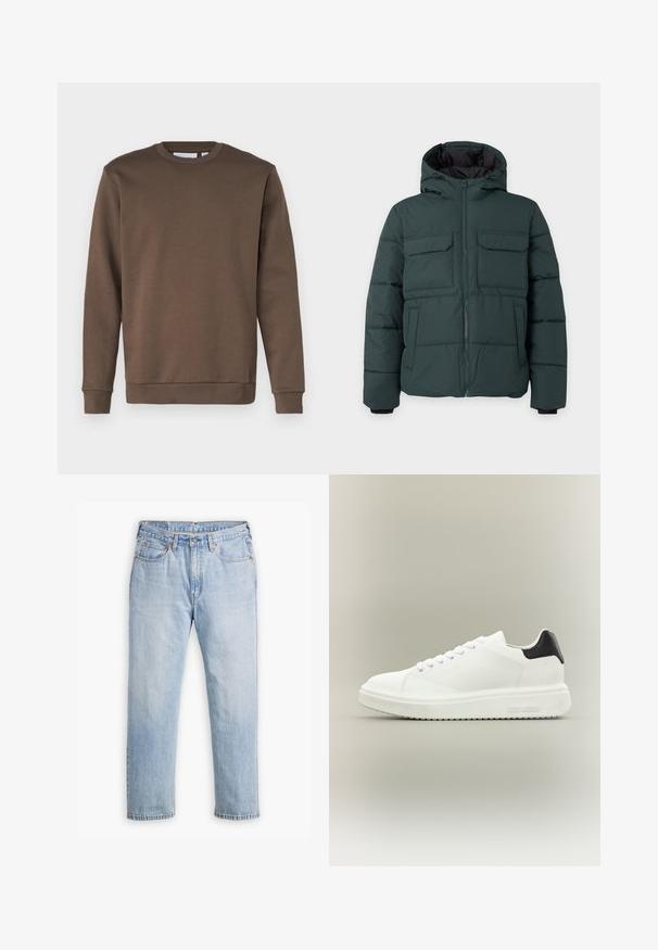 Dunkelgrüne gesteppte Jacke mit Kapuze, Frontreißverschluss, zwei Klappbrusttaschen und zwei Seitentaschen auf einfarbig hellem Hintergrund.; Only & Sons ONSCERES - Sweatshirt - major brown; Helle blaue Denim-Jeans mit geradem Bein, im Fünf-Taschen-Stil und kontrastierenden Nähten. Knopf- und Reißverschluss an der Taille.; Weißer Low-Top-Sneaker mit dicker Sohle, Schnürung vorne und schwarzer Fersenschlaufe, mit "Steve Madden" an der seitlichen Sohle gebrandet.