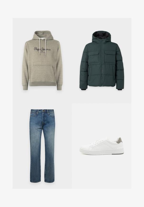 Veste matelassée vert foncé avec capuche, fermeture éclair sur le devant, deux poches poitrine à rabat et deux poches latérales sur un fond clair uni.; Sweat à capuche gris clair avec poche avant, cordons blancs et "Pepe Jeans London" imprimé sur la poitrine en gris foncé.; Jeans en denim bleu pour homme avec une coupe droite, comportant une fermeture à un bouton, des poches avant et une texture légèrement décolorée.; Basket blanche en cuir lisse, à bout arrondi, design minimaliste, accent de talon gris et semelle en caoutchouc texturé.