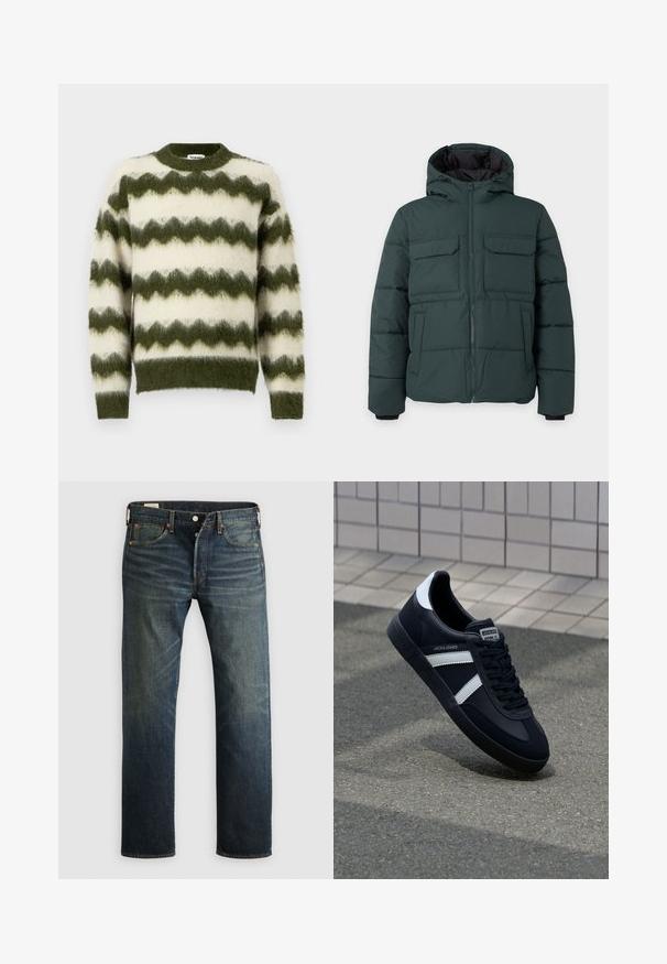 Chaqueta acolchada de color verde oscuro con capucha, cremallera frontal, dos bolsillos de solapa en el pecho y dos bolsillos laterales sobre un fondo liso y claro.; Jersey de rayas en zigzag verde y blanco, hecho de un material suave y esponjoso, con un cuello redondo y puños acanalados.; Vaqueros de denim azul oscuro con corte recto, cinco bolsillos y remaches de cobre. La tela tiene un acabado ligeramente desteñido, mostrando textura y granulado.; Zapatilla de cuero negra con rayas blancas, suela de goma texturizada y parte frontal con cordones. Cuenta con una etiqueta de marca en la lengüeta.
