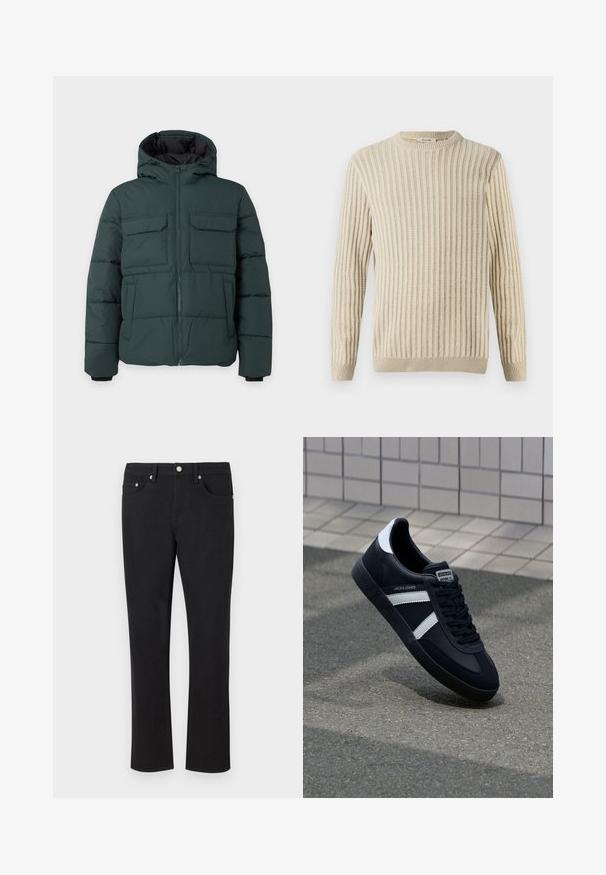 Mørkegrøn polstret jakke med hætte, frontlynlås, to klaplommer på brystet og to sidelommer på en ensfarvet lys baggrund.; Only & Sons ONSBRANT CREW KNIT - T-shirts print - beige; Sorte denimjeans med lige ben, der har fem lommer og sølvhardware med en glat tekstur. Ingen mønstre eller accenter.; Sort lædersneaker med hvide striber, tekstureret gummisål og snørrebånd foran. Har et brandet mærke på tungen.