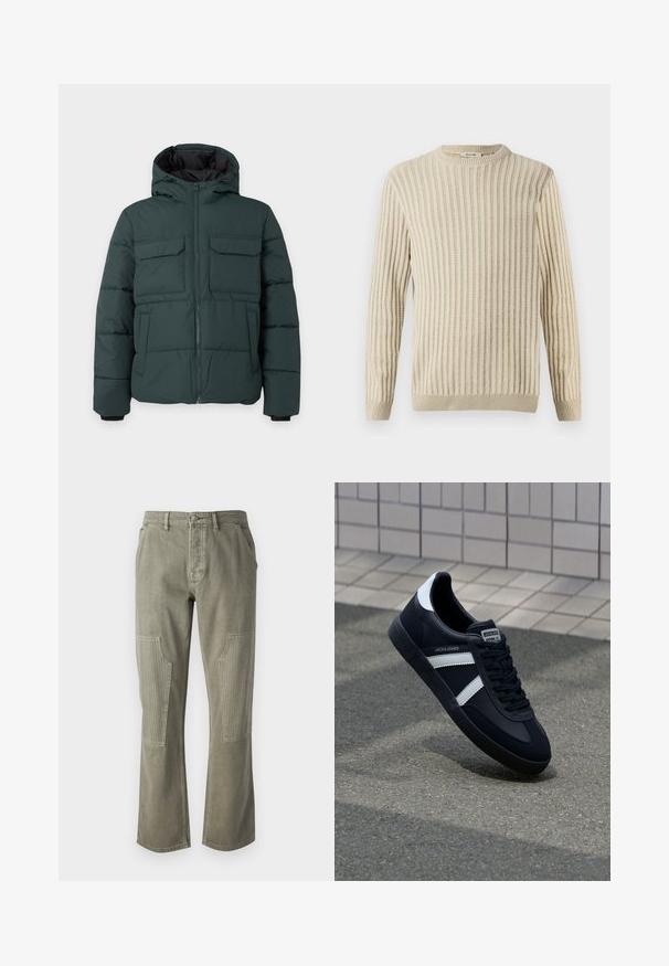 Mørkegrøn polstret jakke med hætte, frontlynlås, to klaplommer på brystet og to sidelommer på en ensfarvet lys baggrund.; Only & Sons ONSBRANT CREW KNIT - T-shirts print - beige; Olivenfarvede bukser lavet af bomuld med lige ben-design, der har ribbede detaljer på påsatte lommer og kontrasterende syninger.; Sort lædersneaker med hvide striber, tekstureret gummisål og snørrebånd foran. Har et brandet mærke på tungen.