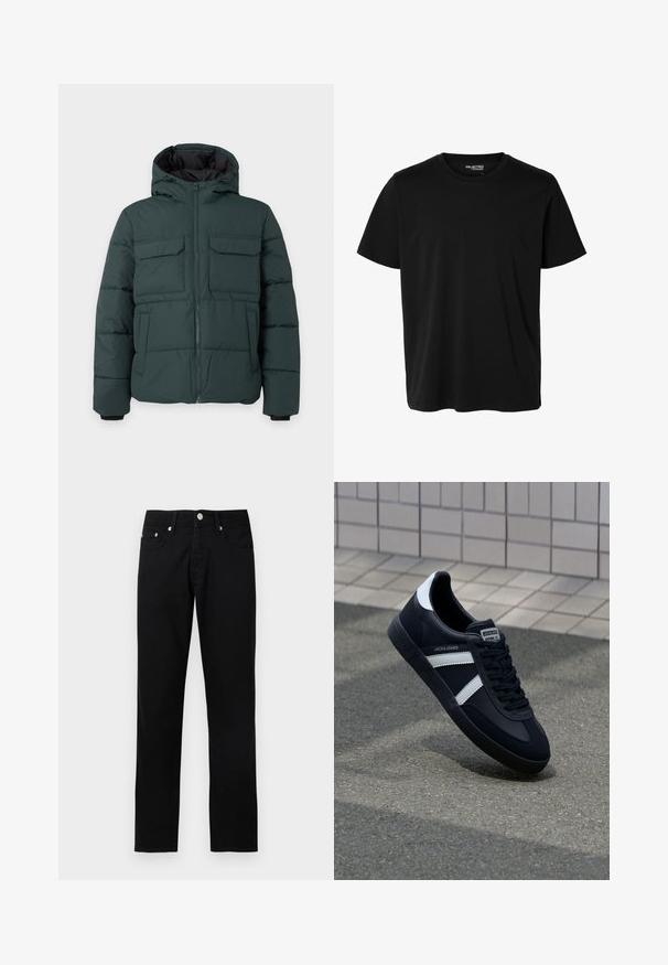 Dunkelgrüne gesteppte Jacke mit Kapuze, Frontreißverschluss, zwei Klappbrusttaschen und zwei Seitentaschen auf einfarbig hellem Hintergrund.; Schlichtes schwarzes T-Shirt mit kurzen Ärmeln und Rundhalsausschnitt in Herrenform, ohne sichtbare Muster oder Logos auf der Vorderseite.; Schwarze Jeans mit geradem Bein, vorderer Knopfleiste, Reißverschluss, Gürtelschlaufen und fünf Taschen auf hellgrauem Hintergrund.; Schwarze Leder-Sneaker mit weißen Streifen, strukturiertem Gummisohle und Schnürung. Verfügt über ein Markenetikett auf der Zunge.