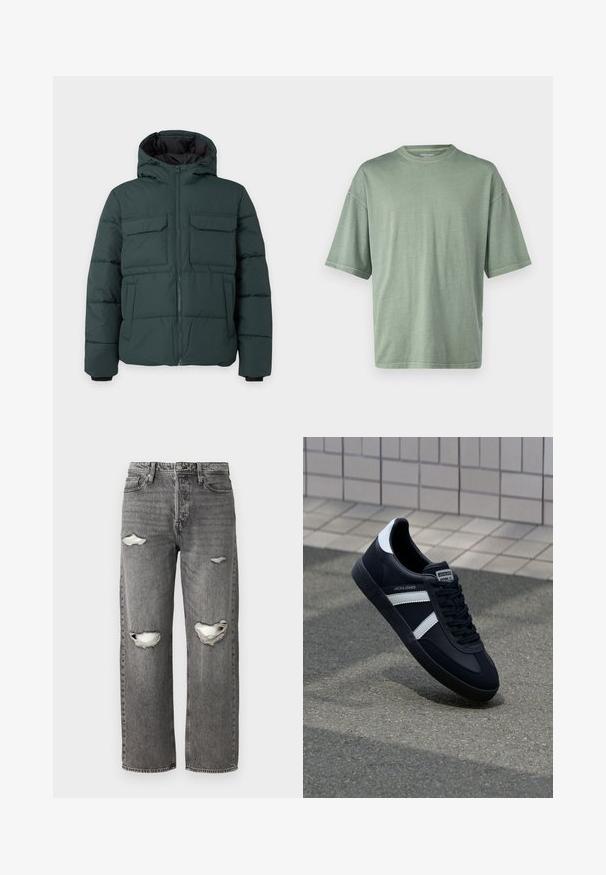 Mørkegrøn polstret jakke med hætte, frontlynlås, to klaplommer på brystet og to sidelommer på en ensfarvet lys baggrund.; Lys grønt kortærmet t-shirt med rund halsudskæring og afslappet pasform; lavet af blødt materiale med en glat tekstur.; Grå denimjeans med løs pasform, der har slidte knærevner, et klassisk fem-lomme design og lynlåslukning.; Sort lædersneaker med hvide striber, tekstureret gummisål og snørrebånd foran. Har et brandet mærke på tungen.
