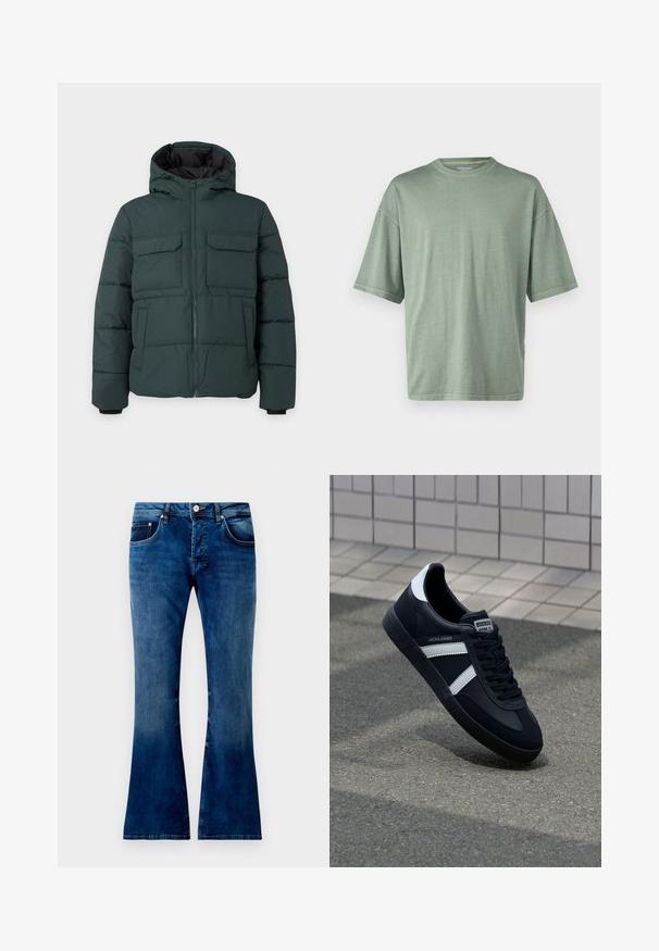 Mørkegrøn polstret jakke med hætte, frontlynlås, to klaplommer på brystet og to sidelommer på en ensfarvet lys baggrund.; Lys grønt kortærmet t-shirt med rund halsudskæring og afslappet pasform; lavet af blødt materiale med en glat tekstur.; Udsvingede blå denim jeans med en mellemwash, der har fem lommer, en knaplukning og synlig syning. Glat tekstur med let falmning.; Sort lædersneaker med hvide striber, tekstureret gummisål og snørrebånd foran. Har et brandet mærke på tungen.