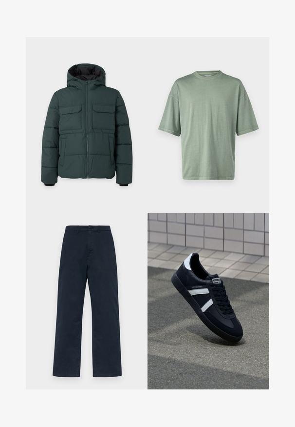 Chaqueta acolchada de color verde oscuro con capucha, cremallera frontal, dos bolsillos de solapa en el pecho y dos bolsillos laterales sobre un fondo liso y claro.; Camiseta de manga corta verde claro con cuello redondo y corte relajado; hecha de un material suave con una textura lisa.; Pantalones de algodón azul marino con un diseño de pierna recta, que cuentan con un cierre frontal de botón y pasadores para cinturón. Textura sencilla y uniforme, sin patrones.; Zapatilla de cuero negra con rayas blancas, suela de goma texturizada y parte frontal con cordones. Cuenta con una etiqueta de marca en la lengüeta.