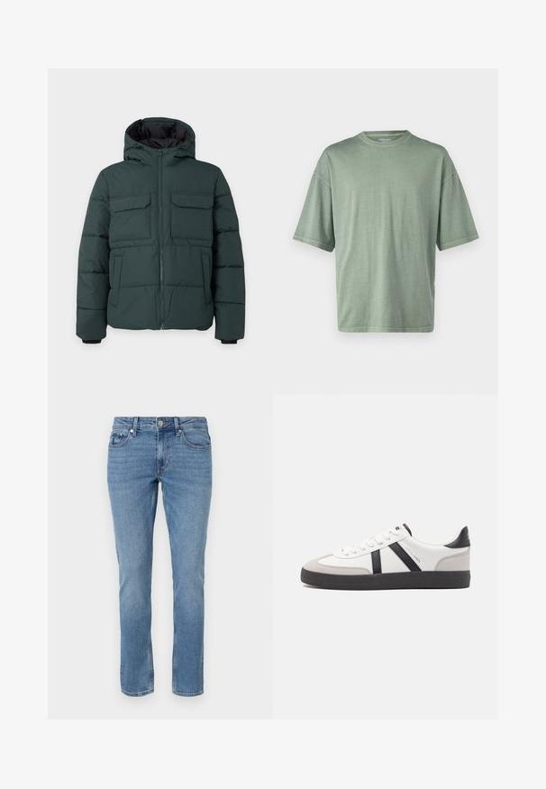 Dunkelgrüne gesteppte Jacke mit Kapuze, Frontreißverschluss, zwei Klappbrusttaschen und zwei Seitentaschen auf einfarbig hellem Hintergrund.; Helles grünes Kurzarm-T-Shirt mit rundem Halsausschnitt und lockerer Passform; aus weichem Material mit glatter Textur gefertigt.; Blaue gerade geschnittene Denim-Jeans mit Fronttaschen, Gürtelschlaufen und Knopfverschluss.; Weiße Sneaker mit schwarz- und grau-aczenten, ausgestattet mit einer strukturierten grauen Zehenkappe, schwarzer Gummi-Sohle und flachen weißen Schnürsenkeln. Sauberes Design, minimalistische Stil.