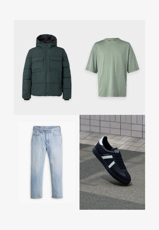Chaqueta acolchada de color verde oscuro con capucha, cremallera frontal, dos bolsillos de solapa en el pecho y dos bolsillos laterales sobre un fondo liso y claro.; Camiseta de manga corta verde claro con cuello redondo y corte relajado; hecha de un material suave con una textura lisa.; Jeans de mezclilla azul claro con un diseño de pierna recta, estilo de cinco bolsillos y costuras en contraste. Cierre de botón y cremallera en la cintura.; Zapatilla de cuero negra con rayas blancas, suela de goma texturizada y parte frontal con cordones. Cuenta con una etiqueta de marca en la lengüeta.