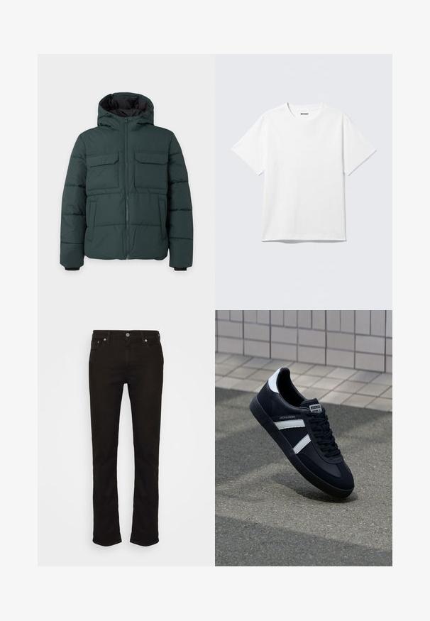Donkergroene gewatteerde jas met capuchon, ritssluiting aan de voorkant, twee klepzakken op de borst en twee zijzakken op een effen lichte achtergrond.; Witte T-shirt met korte mouwen en ronde hals, plat gelegd, effen ontwerp, met een "WEEKDAY" label in de kraag op een lichte achtergrond.; Zwarte spijkerbroek van denim met een rechte pijp, voorzien van een klassiek vijf-pocket ontwerp, metalen knoopsluiting en subtiele stikdetails.; Zwarte leren sneaker met witte strepen, een gestructureerde rubberen zool en vetersluiting aan de voorkant. Voorzien van een merklabel op de tong.