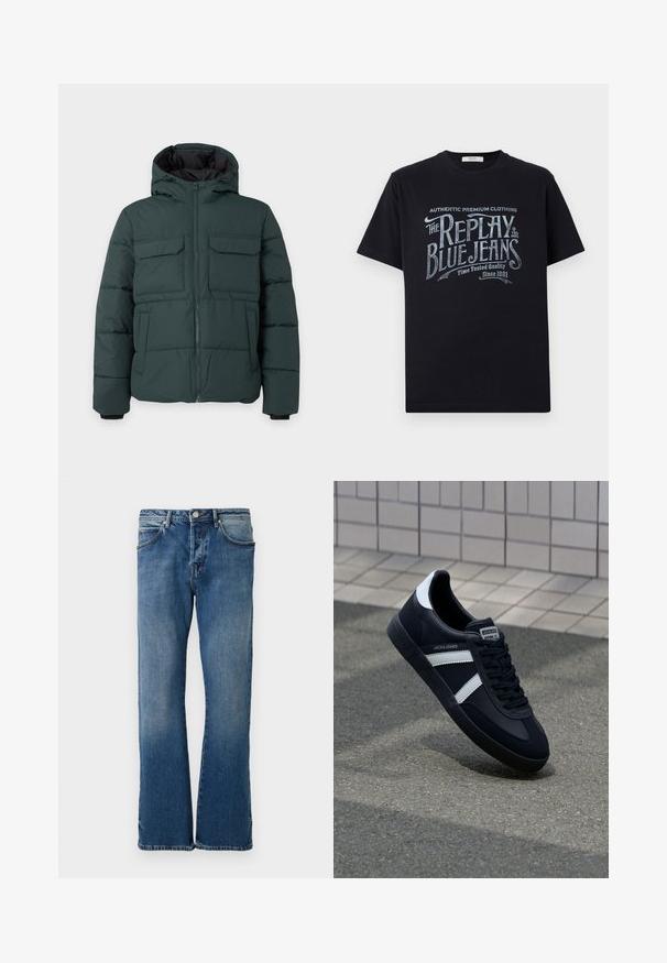 Veste matelassée vert foncé avec capuche, fermeture éclair sur le devant, deux poches poitrine à rabat et deux poches latérales sur un fond clair uni.; T-shirt en coton noir à manches courtes et col rond, ornée d'un design graphique en texte blanc et bleu clair de style vintage sur le devant.; Jean en denim bleu clair avec une coupe droite, comportant cinq poches, une fermeture à boutons, et un léger effet délavé sur le tissu.; Sneaker en cuir noir avec des rayures blanches, semelle en caoutchouc texturée et devant à lacets. Présente une étiquette de marque sur la languette.