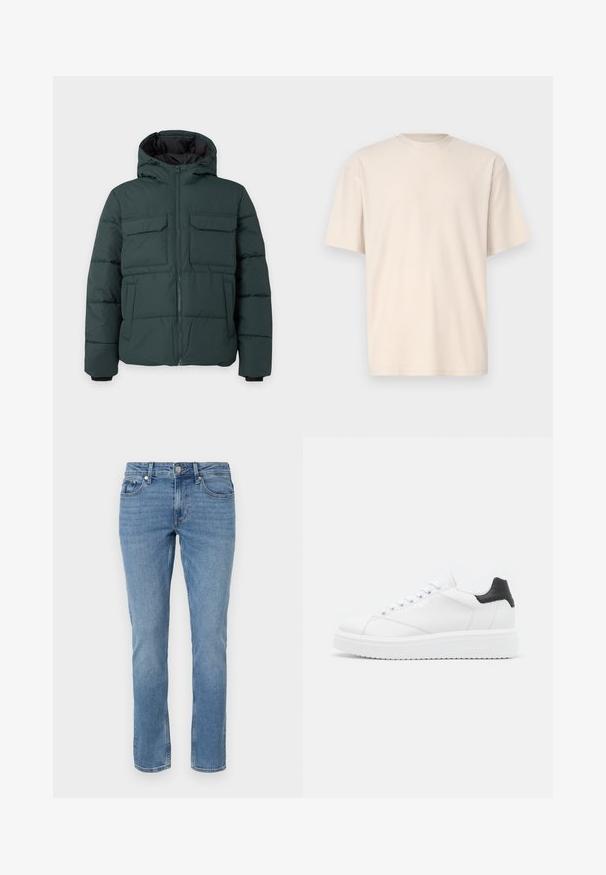 Tmavozelená prešívaná bunda s kapucňou, predný zips, dve náprsné vrecká s chlopňou a dve bočné vrecká na jednolivom svetlom pozadí.; Only & Sons ONSFRED RELAXED PLIZZE TEE - Základné tričko - moonstruck; Modré rovné džínsy s prednými vreckami, pútkami na opasok a gombíkovým zapínaním.; Biele kožené tenisky s čiernym pätkovým detailom, plochými šnúrkami, textúrovanou medzipodrážkou a logom na vonkajšej strane. Navrhnuté na neformálne nosenie.
