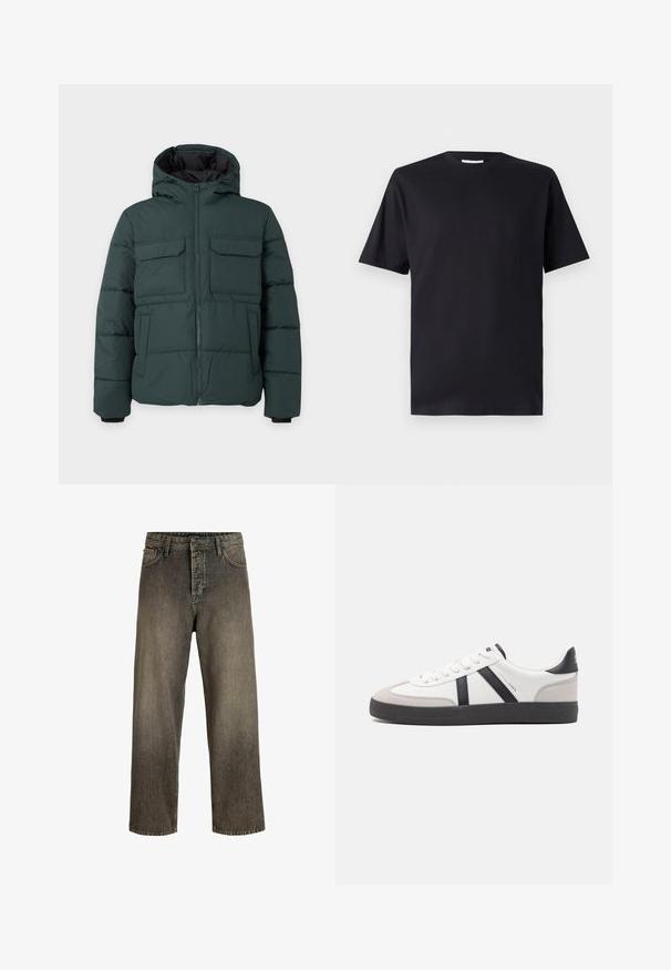 Dunkelgrüne gesteppte Jacke mit Kapuze, Frontreißverschluss, zwei Klappbrusttaschen und zwei Seitentaschen auf einfarbig hellem Hintergrund.; Schwarzes kurzärmliges T-Shirt aus Baumwolle mit einem Rundhalsausschnitt und klassischem Schnitt, ohne Muster oder sichtbare Markenlogo.; Dunkelgraue weit geschnittene Jeans mit einem verwaschenen Finish, Fünf-Taschen-Design, Knopfverschluss und Gürtelschlaufen. Hergestellt aus strapazierfähigem Denim-Stoff.; Weiße Sneaker mit schwarz- und grau-aczenten, ausgestattet mit einer strukturierten grauen Zehenkappe, schwarzer Gummi-Sohle und flachen weißen Schnürsenkeln. Sauberes Design, minimalistische Stil.