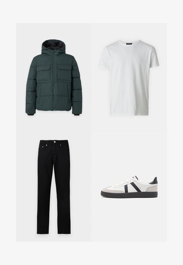 Dunkelgrüne gesteppte Jacke mit Kapuze, Frontreißverschluss, zwei Klappbrusttaschen und zwei Seitentaschen auf einfarbig hellem Hintergrund.; Weißes T-Shirt mit kurzen Ärmeln und Rundhalsausschnitt aus Baumwolle mit glatter Textur. Verfügt über ein Etikett am Kragen. Einfaches, schlichtes Design.; Schwarze Jeans mit geradem Bein, vorderer Knopfleiste, Reißverschluss, Gürtelschlaufen und fünf Taschen auf hellgrauem Hintergrund.; Weiße Sneaker mit schwarz- und grau-aczenten, ausgestattet mit einer strukturierten grauen Zehenkappe, schwarzer Gummi-Sohle und flachen weißen Schnürsenkeln. Sauberes Design, minimalistische Stil.