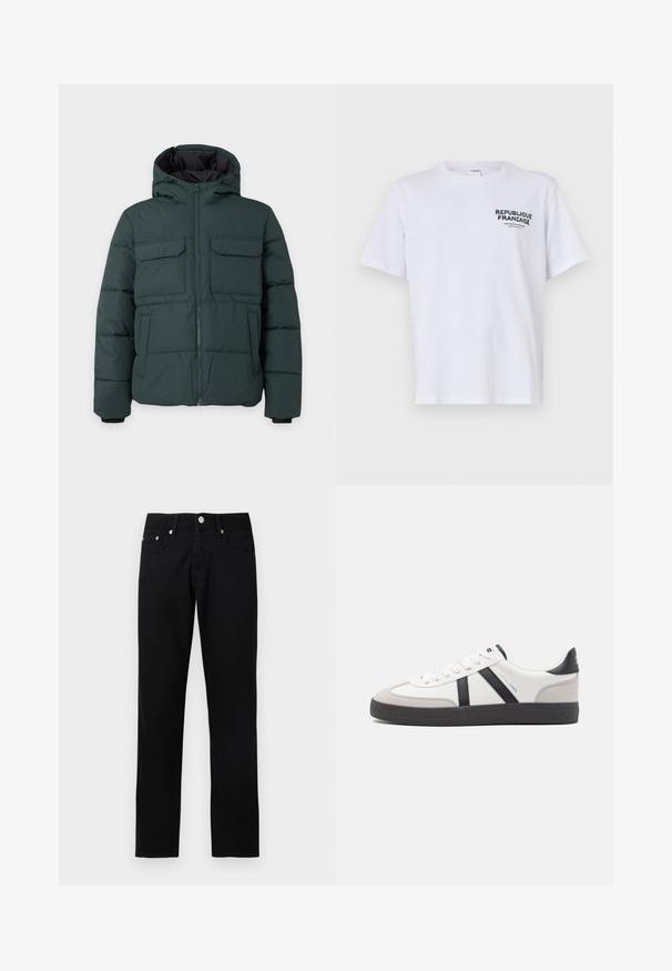 Dunkelgrüne gesteppte Jacke mit Kapuze, Frontreißverschluss, zwei Klappbrusttaschen und zwei Seitentaschen auf einfarbig hellem Hintergrund.; Weißes Baumwoll-T-Shirt mit kurzen Ärmeln und Rundhalsausschnitt. Der Druck auf der linken Brust trägt "REPUBLIQUE FRANCAISE" in dunkelgrüner Schrift.; Schwarze Jeans mit geradem Bein, vorderer Knopfleiste, Reißverschluss, Gürtelschlaufen und fünf Taschen auf hellgrauem Hintergrund.; Weiße Sneaker mit schwarz- und grau-aczenten, ausgestattet mit einer strukturierten grauen Zehenkappe, schwarzer Gummi-Sohle und flachen weißen Schnürsenkeln. Sauberes Design, minimalistische Stil.