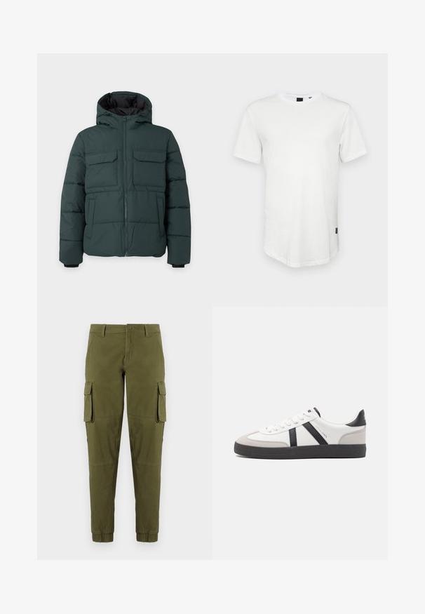 Dunkelgrüne gesteppte Jacke mit Kapuze, Frontreißverschluss, zwei Klappbrusttaschen und zwei Seitentaschen auf einfarbig hellem Hintergrund.; Weißes T-Shirt mit kurzen Ärmeln aus Baumwolle, mit Rundhalsausschnitt und einem leicht verlängerten Rückenteil, sowie einem kleinen Logo-Akzent an der Seite.; Olivgrüne Cargo-Hosen mit elastischen Bündchen, ausgestattet mit zwei seitlichen Cargo-Taschen, einem vorderen Knopfverschluss und einem glatten, leichten Stoff.; Weiße Sneaker mit schwarz- und grau-aczenten, ausgestattet mit einer strukturierten grauen Zehenkappe, schwarzer Gummi-Sohle und flachen weißen Schnürsenkeln. Sauberes Design, minimalistische Stil.