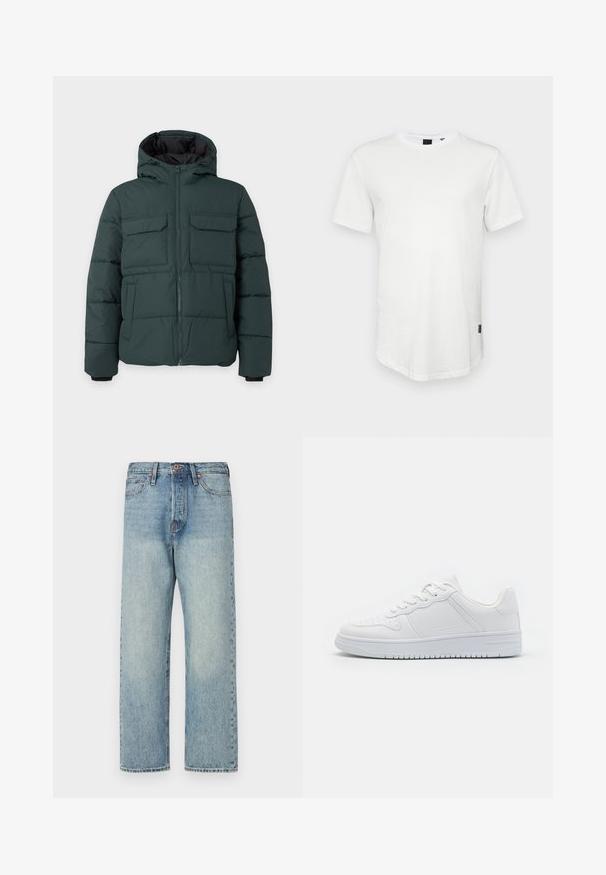Dunkelgrüne gesteppte Jacke mit Kapuze, Frontreißverschluss, zwei Klappbrusttaschen und zwei Seitentaschen auf einfarbig hellem Hintergrund.; Weißes T-Shirt mit kurzen Ärmeln aus Baumwolle, mit Rundhalsausschnitt und einem leicht verlängerten Rückenteil, sowie einem kleinen Logo-Akzent an der Seite.; Hellblaue Jeans aus Denim mit geradem Bein, fünf Taschen und bronzener Hardware. Minimale Ausbleichungen mit einem sauberen Finish.; Weiße Sneaker aus glattem Synthetikmaterial, ausgestattet mit flachen Schnürsenkeln, perforierter Zehenpartie und einer gummierten Sohle mit einem strukturierten Grip-Muster.