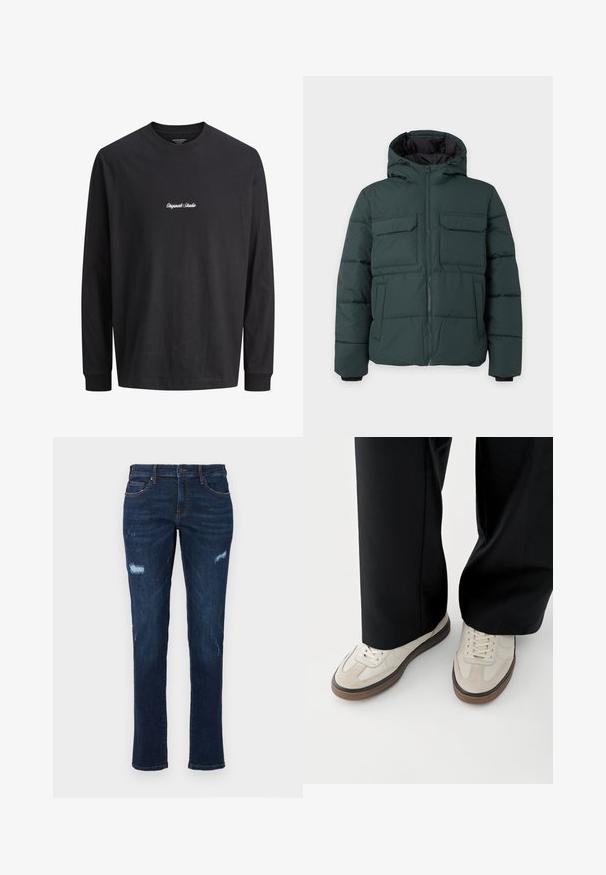 Mørkegrøn polstret jakke med hætte, frontlynlås, to klaplommer på brystet og to sidelommer på en ensfarvet lys baggrund.; Langærmet sort T-shirt med "Originals Studio" broderet i hvidt på brystet; minimalistisk design mod en ensfarvet baggrund.; Mørkeblå denim jeans med lige pasform, der har slidte huller ved knæene, traditionelle lommer og synlig kontrastsyning.; Fødder iført beige sneakers med brune såler og sorte bukser med vide ben på hvid baggrund.