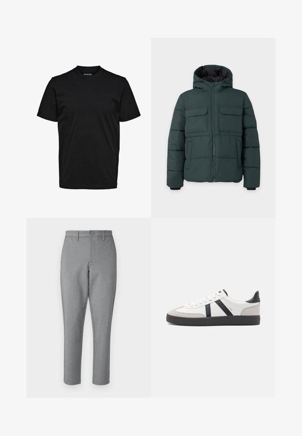 Chaqueta acolchada de color verde oscuro con capucha, cremallera frontal, dos bolsillos de solapa en el pecho y dos bolsillos laterales sobre un fondo liso y claro.; Camiseta negra lisa de manga corta con cuello redondo, ajuste regular y sin patrones ni logotipos visibles.; Pantalones grises ajustados con una textura sutil, corte recto y cierre frontal con botón. Presenta lazos para el cinturón y bolsillos laterales.; Zapatilla blanca con acentos en negro y gris, que presenta una puntera texturizada en gris, suela de goma negra y cordones planos blancos. Diseño limpio, estilo minimalista.