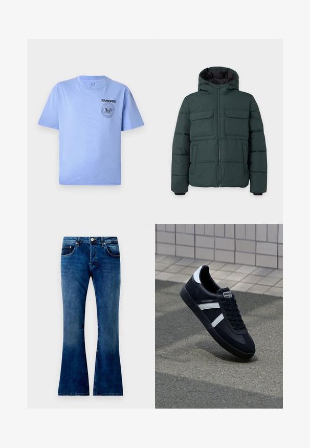Veste matelassée vert foncé avec capuche, fermeture éclair sur le devant, deux poches poitrine à rabat et deux poches latérales sur un fond clair uni.; T-shirt en coton bleu clair avec manches courtes, col rond et impression du logo noir "Ramones" sur la partie gauche de la poitrine. Texture lisse.; Jean en denim bleu évasé avec un lavage moyen, comportant cinq poches, une fermeture à bouton et des coutures visibles. Texture lisse avec un léger dégradé.; Sneaker en cuir noir avec des rayures blanches, semelle en caoutchouc texturée et devant à lacets. Présente une étiquette de marque sur la languette.