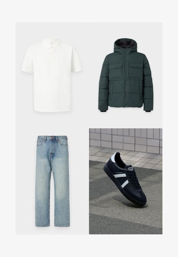 Dunkelgrüne gesteppte Jacke mit Kapuze, Frontreißverschluss, zwei Klappbrusttaschen und zwei Seitentaschen auf einfarbig hellem Hintergrund.; Weißes Poloshirt aus Baumwolle mit klassischem Kragen, kurzen Ärmeln, einer Zwei-Knopf-Leiste und subtiler Struktur im Gewebe.; Hellblaue Jeans aus Denim mit geradem Bein, fünf Taschen und bronzener Hardware. Minimale Ausbleichungen mit einem sauberen Finish.; Schwarze Leder-Sneaker mit weißen Streifen, strukturiertem Gummisohle und Schnürung. Verfügt über ein Markenetikett auf der Zunge.