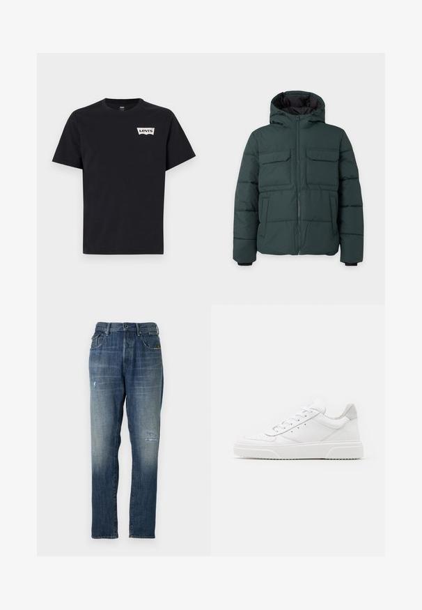 Dunkelgrüne gesteppte Jacke mit Kapuze, Frontreißverschluss, zwei Klappbrusttaschen und zwei Seitentaschen auf einfarbig hellem Hintergrund.; Schwarzes Baumwoll-T-Shirt mit kurzen Ärmeln, Rundhalsausschnitt und einem kleinen weißen Levi's-Logo auf der linken Vorderseite.; Denimjeans in einem verblassten Blau, mit geradem Beinschnitt, moderaten Abnutzungen an der Vorderseite und klassischem Fünf-Taschen-Design.; Weiße Leder-Sneaker mit glatter Oberfläche, rundem Zehenbereich, flachen Schnürsenkeln und strukturiertem Schuhsohlen. Graues Wildleder-Detail an der Ferse.