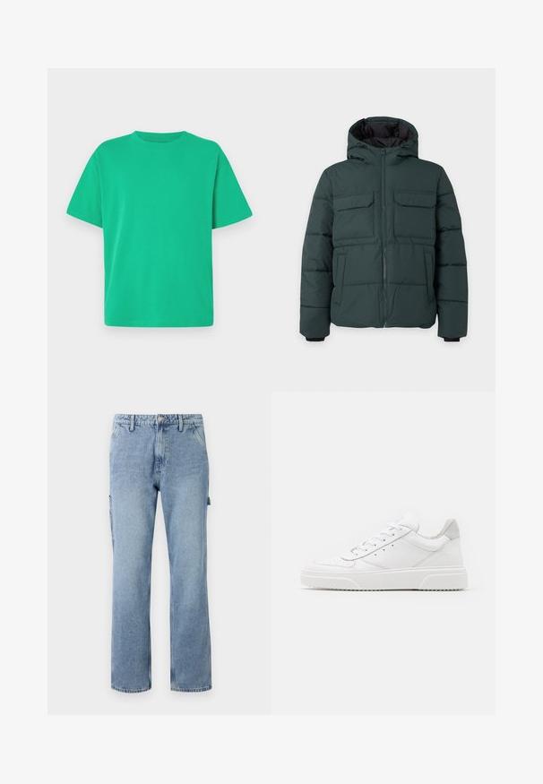Donkergroene gewatteerde jas met capuchon, ritssluiting aan de voorkant, twee klepzakken op de borst en twee zijzakken op een effen lichte achtergrond.; Groene T-shirt met korte mouwen, gemaakt van zachte stof; heeft een ronde hals en een ontspannen pasvorm; gladde textuur zonder patronen of accenten.; Lichtblauwe denim cargobroek met rechte benen, vijf zakken en een knoopsluiting. Heeft zijzakken en een casual, ontspannen pasvorm.; Witte leren sneakers met een gladde afwerking, ronde neus, platte veters en een gestructureerde zool. Grijze suède accent bij de hiel.