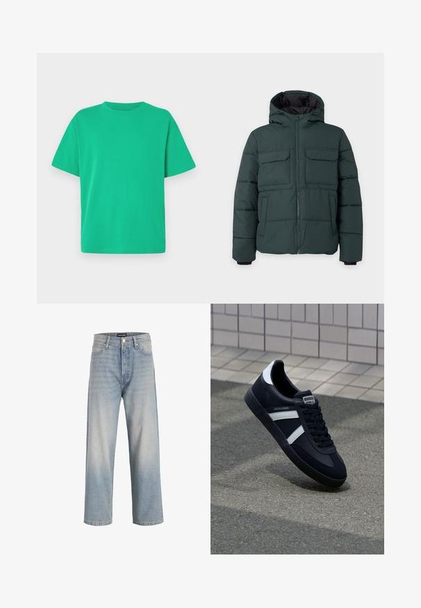 Dunkelgrüne gesteppte Jacke mit Kapuze, Frontreißverschluss, zwei Klappbrusttaschen und zwei Seitentaschen auf einfarbig hellem Hintergrund.; Grünes T-Shirt mit kurzen Ärmeln aus weichem Stoff; hat einen Rundhalsausschnitt und eine lockere Passform; glatte Textur ohne Muster oder Akzente.; Helle blaue Jeans mit geradem Bein, verblasster Optik, fünf Taschen und Knopfverschluss an der Taille.; Schwarze Leder-Sneaker mit weißen Streifen, strukturiertem Gummisohle und Schnürung. Verfügt über ein Markenetikett auf der Zunge.
