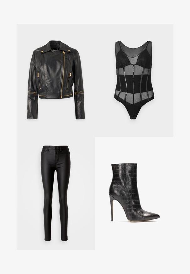 Schwarze Leder-Bikerjacke mit asymmetrischem goldfarbenem Reißverschluss, Reißverschlusstaschen und Reißverschlussdetails an den Ärmeln vor weißem Hintergrund.; Schwarzer Bodysuit mit Mesh-Stoff, strukturierten Cups, vertikalen Paneelen mit glänzenden Akzenten und einem runden Ausschnitt.; Schwarze, enganliegende Skinny Jeans aus Kunstleder mit glatter Textur, hoher Taille, Knopfverschluss und traditionellem Fünf-Taschen-Design.; Schwarze Lederstiefeletten mit Krokodillederstruktur, spitzer Zehenform und hohem Stiletto-Absatz, mit glänzender Oberfläche.