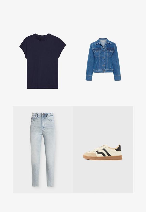 Blaue Jeansjacke mit klassischem Kragen, langen Ärmeln, zwei Brusttaschen und Knopfverschluss. Das Design beinhaltet kontrastierende Nähte.; Dunkelblaue Baumwoll-T-Shirt mit rundem Ausschnitt und kurzen Ärmeln, das einen lockeren Schnitt und eine glatte Textur bietet. Keine Muster oder Akzente.; Hellblaue, hochgeschnittene Skinny-Jeans mit vorderen und hinteren Taschen, Knopfverschluss und dezentem verblassten Waschdetail.; Schnürsneaker mit cremefarbenem Obermaterial, schwarzen Streifen und einer Zehenkappe aus Wildleder, ergänzt durch eine braune Gummisohle.