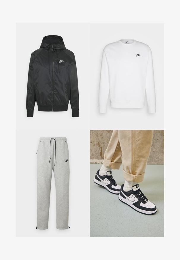 Zwarte nylon bomberjack met capuchon, ritssluiting, elastische manchetten en schouderpanelen. Voorzien van een klein wit Nike-logo op de borst.; Witte sweatshirt van katoen met lange mouwen, ronde halslijn en zwart Nike-logo op de linker borst. Zachte textuur met ribbeen manchetten.; Grijze Nike trainingsbroek met een verstelbare tailleband, zijzakken en elastische boorden. Heeft een soepele textuur en contrasterende zwarte logo-details.; Zwart-witte Nike Air Force 1 sneakers met een leren bovenwerk, geperforeerde neus en gestructureerde zooldetails, gedragen met opgerolde beige broek en witte sokken.