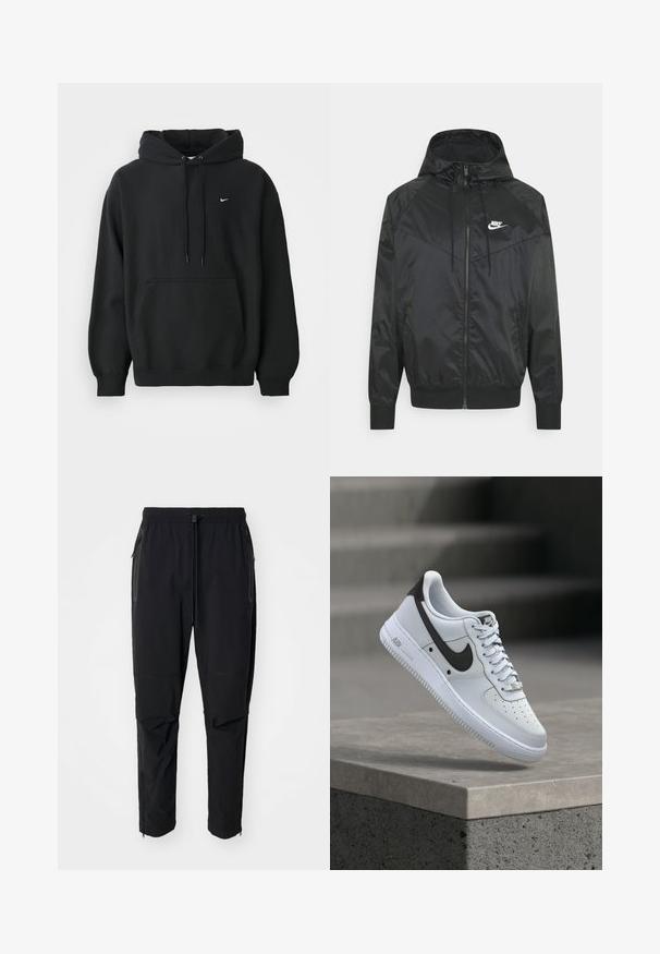 Sort nylon bomberjakke med hætte, lynlåslukning, elastiske ærmer og skulderpaneler. Har et lille hvidt Nike-logo på brystet.; Sort Nike hoodie med frontlomme, snor i hætten, ribbede manchetter og lille hvid Nike swoosh-logo på brystet.; Sort, lette udendørsbukser med elastisk talje og justerbar snoretræk. Har lynlåslommer og tapered manchetter.; Hvid Nike Air Force 1 sneaker med sort swoosh-logo, svævende over en betonforkant med slørede trapper i baggrunden.