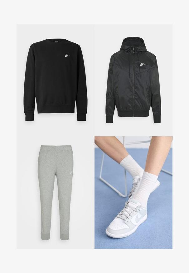 Sort nylon bomberjakke med hætte, lynlåslukning, elastiske ærmer og skulderpaneler. Har et lille hvidt Nike-logo på brystet.; Sort sweatshirt lavet af bomuld med rund hals, lange ærmer og et lille hvidt Nike-logo på øverste venstre bryst.; Grå sweatpants lavet af blødt stof, med tapered ben design, elastisk talje og lille hvid Nike-logo på venstre lår.; Hvide sneakers med lyseblå accenter, læderoverdel, perforeret tå, tykke snørebånd og ribbede hvide sokker mod en blå baggrund.