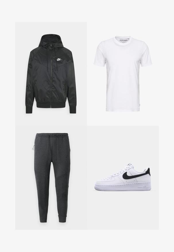 Sort nylon bomberjakke med hætte, lynlåslukning, elastiske ærmer og skulderpaneler. Har et lille hvidt Nike-logo på brystet.; Hvid t-shirt med korte ærmer lavet af bomuld, med en rund hals og et enkelt design. Brandtag synlig på halsområdet. Ingen mønstre eller accenter.; Mørkegrå Nike joggerbukser med snøre i taljen, lynlåslomme på siden, afsmalnede ben og ribbede manchetter på en hvid baggrund.; Hvide lædersneakers med en struktureret sort Swoosh, flade snørebånd og en gummisål med et rillemønster. "AIR" er præget på hælen.
