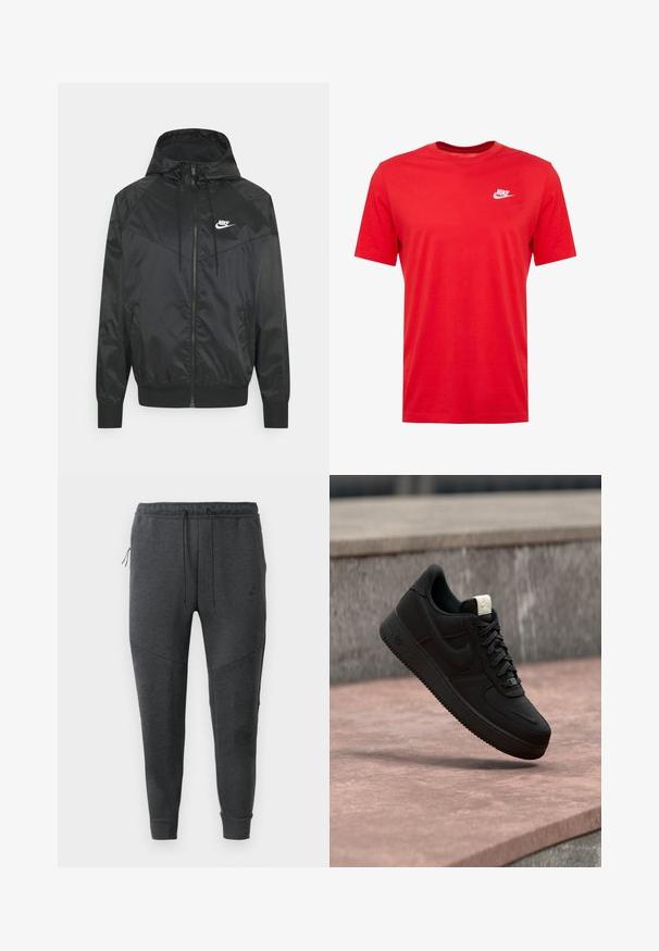 Chaqueta bomber negra de nailon con capucha, cierre de cremallera, puños elásticos y paneles en los hombros. Presenta un pequeño logo blanco de Nike en el pecho.; Camiseta de algodón roja de cuello redondo con mangas cortas, que presenta un logo de Nike blanco en la parte izquierda del pecho. Textura suave y diseño casual.; Pantalones jogger Nike de color gris oscuro con cordón en la cintura, bolsillo lateral con cremallera, piernas ajustadas y puños acanalados sobre un fondo blanco.; Zapatilla negra Nike Air Force 1 flotando sobre un borde de hormigón rosa con fondo de piedra gris, mostrando detalles laterales y superiores.