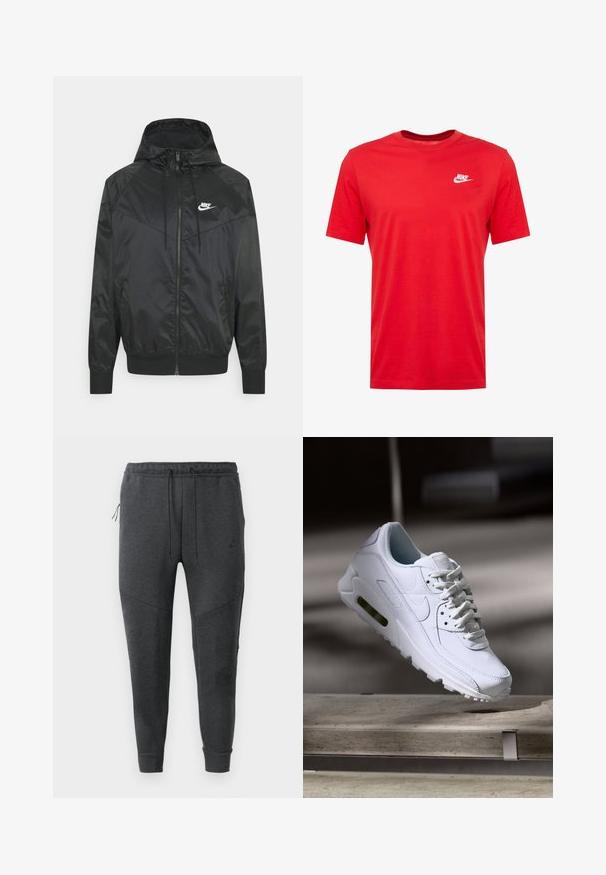 Zwarte nylon bomberjack met capuchon, ritssluiting, elastische manchetten en schouderpanelen. Voorzien van een klein wit Nike-logo op de borst.; Rode katoen crewneck t-shirt met korte mouwen, voorzien van een wit Nike-logo op de linkerborst. Gladde textuur en casual ontwerp.; Donkergrijze Nike joggerbroeken met een trekkoord in de taille, een ritszak aan de zijkant, taps toelopende pijpen en ribgebreide boorden op een witte achtergrond.; Witte leren sneaker met gestructureerde oppervlakken, gevoerde kraag en zichtbare luchtbescherming in de zool. Heeft veters en een minimalistisch ontwerp.